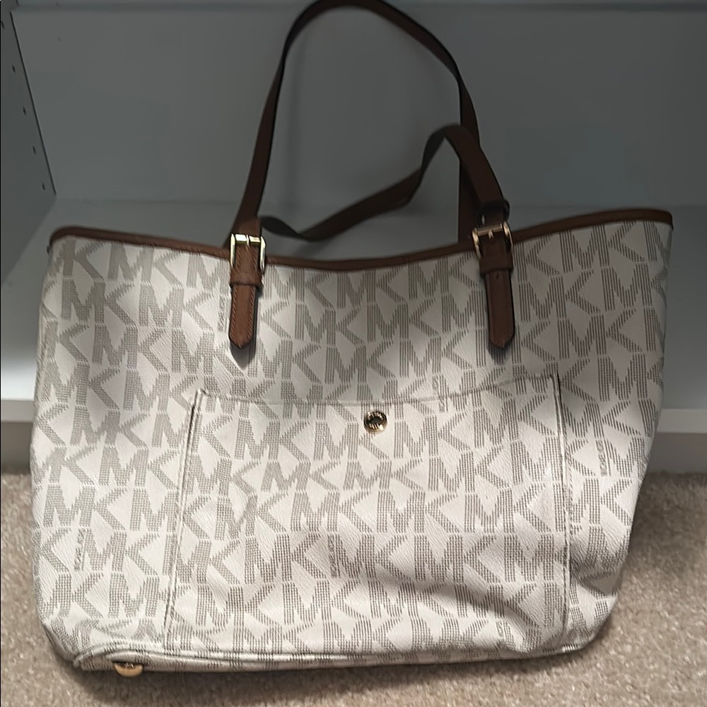 Michael Kors White and Brown Structured Tote